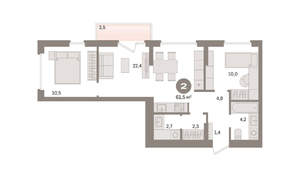 2-к квартира, вторичка, 62м2, 7/16 этаж