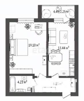 1-к квартира, строящийся дом, 46м2, 14/16 этаж