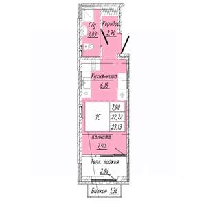 1-к квартира, строящийся дом, 23м2, 8/8 этаж