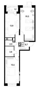 2-к квартира, строящийся дом, 64м2, 15/21 этаж