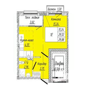 1-к квартира, строящийся дом, 30м2, 8/8 этаж