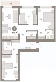 3-к квартира, вторичка, 88м2, 3/16 этаж