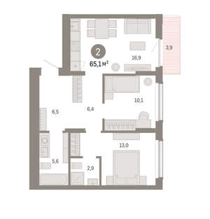 2-к квартира, вторичка, 65м2, 6/16 этаж