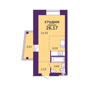 Студия квартира, вторичка, 26м2, 6/9 этаж
