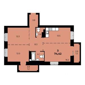 3-к квартира, вторичка, 74м2, 6/15 этаж
