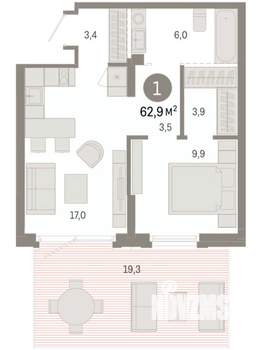 1-к квартира, вторичка, 63м2, 1/9 этаж