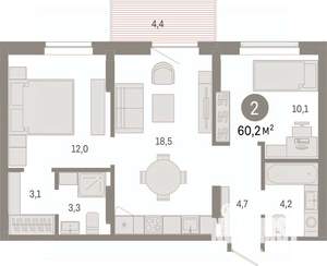 2-к квартира, вторичка, 60м2, 7/17 этаж