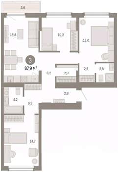 3-к квартира, вторичка, 88м2, 4/16 этаж