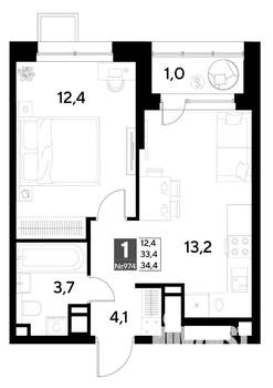 1-к квартира, строящийся дом, 34м2, 14/21 этаж