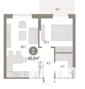 1-к квартира, вторичка, 42м2, 8/9 этаж