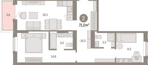 2-к квартира, вторичка, 71м2, 2/9 этаж