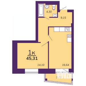 1-к квартира, вторичка, 45м2, 3/9 этаж