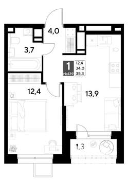 1-к квартира, строящийся дом, 35м2, 21/21 этаж