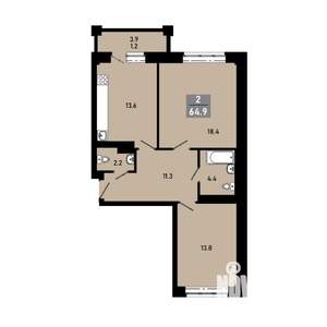 2-к квартира, строящийся дом, 65м2, 9/18 этаж