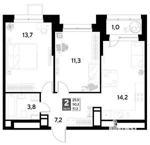 2-к квартира, строящийся дом, 51м2, 7/21 этаж