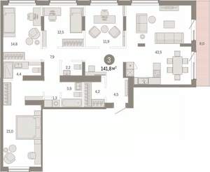 3-к квартира, вторичка, 142м2, 8/9 этаж