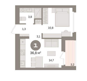 1-к квартира, вторичка, 37м2, 4/16 этаж