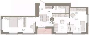 2-к квартира, вторичка, 72м2, 6/16 этаж