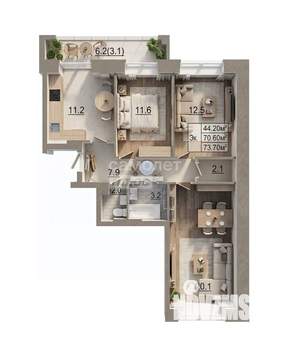 3-к квартира, вторичка, 74м2, 5/8 этаж