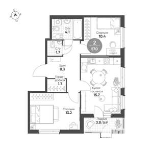 2-к квартира, вторичка, 57м2, 8/14 этаж