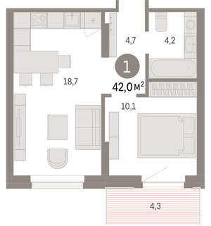1-к квартира, вторичка, 42м2, 8/9 этаж