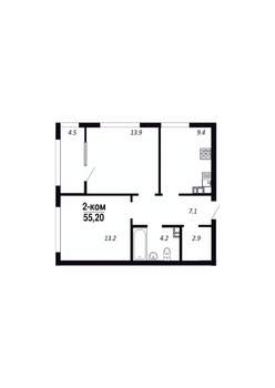 2-к квартира, строящийся дом, 55м2, 19/22 этаж