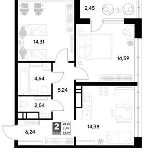 2-к квартира, строящийся дом, 64м2, 19/21 этаж