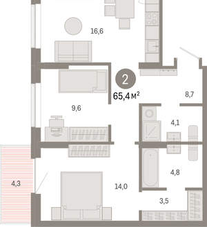 2-к квартира, вторичка, 65м2, 6/9 этаж