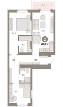 2-к квартира, вторичка, 67м2, 6/9 этаж