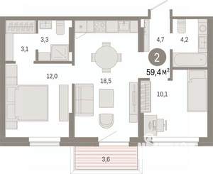 2-к квартира, вторичка, 59м2, 2/17 этаж