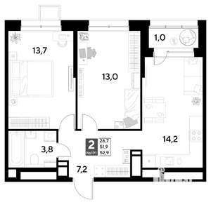 2-к квартира, строящийся дом, 53м2, 16/21 этаж