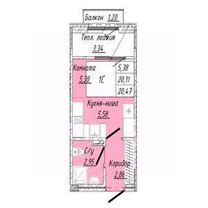 1-к квартира, строящийся дом, 20м2, 6/8 этаж