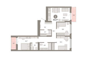 3-к квартира, вторичка, 83м2, 3/16 этаж
