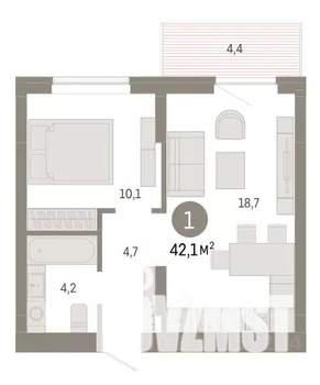 1-к квартира, вторичка, 42м2, 4/9 этаж