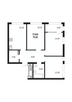 3-к квартира, строящийся дом, 77м2, 7/16 этаж