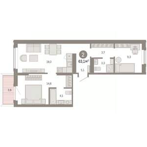 2-к квартира, вторичка, 63м2, 2/9 этаж