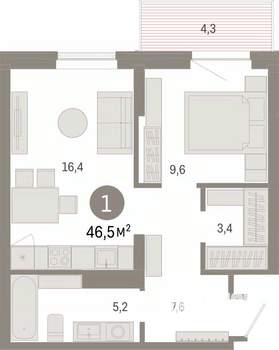 1-к квартира, вторичка, 46м2, 8/17 этаж