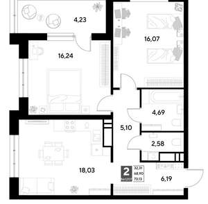 2-к квартира, строящийся дом, 73м2, 14/21 этаж