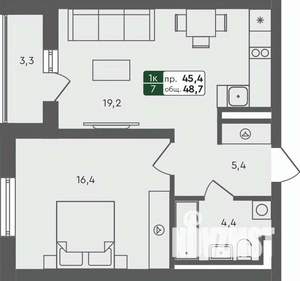 1-к квартира, строящийся дом, 49м2, 2/4 этаж