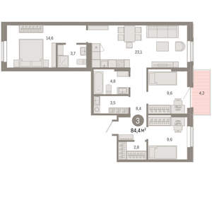 3-к квартира, вторичка, 84м2, 7/9 этаж
