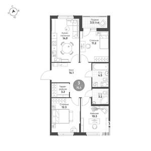 3-к квартира, строящийся дом, 76м2, 7/15 этаж