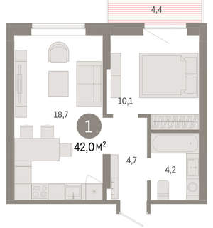 1-к квартира, вторичка, 42м2, 6/9 этаж