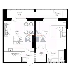 1-к квартира, строящийся дом, 53м2, 1/16 этаж