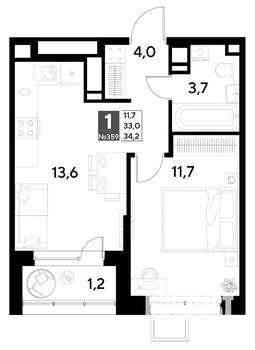 1-к квартира, строящийся дом, 34м2, 12/21 этаж