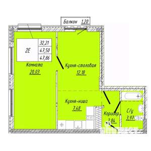 1-к квартира, строящийся дом, 48м2, 4/8 этаж