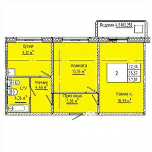 2-к квартира, вторичка, 58м2, 4/10 этаж