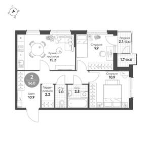 2-к квартира, строящийся дом, 56м2, 2/15 этаж