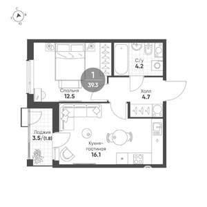 1-к квартира, строящийся дом, 39м2, 6/15 этаж