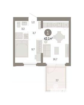 1-к квартира, вторичка, 42м2, 2/16 этаж