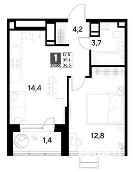 1-к квартира, вторичка, 37м2, 21/21 этаж